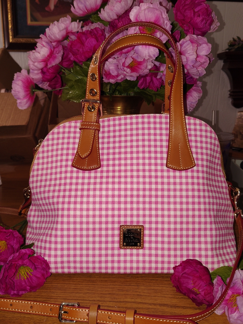 Dooney & Bourke Pink Gingham Leather-Trim Satchel